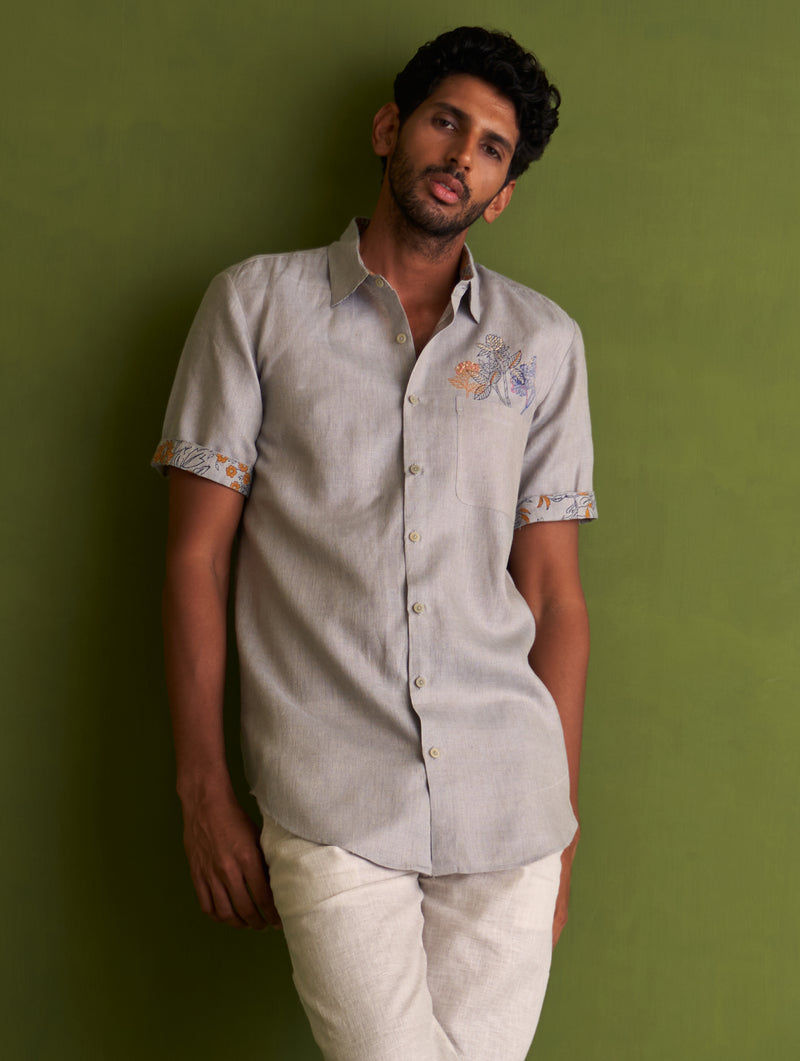 Runo Block-Printed Linen Shirt - Grey