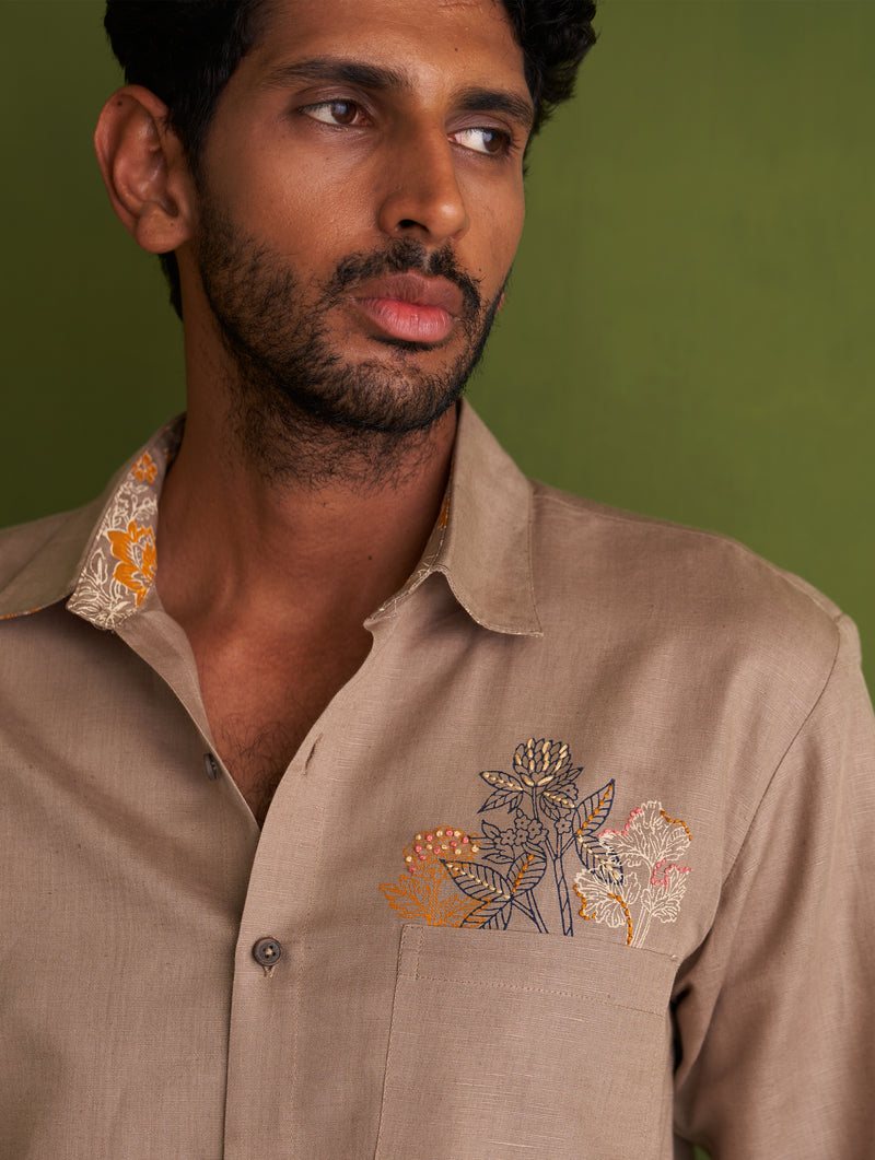 Hae Block-Printed Linen Shirt - River Sand