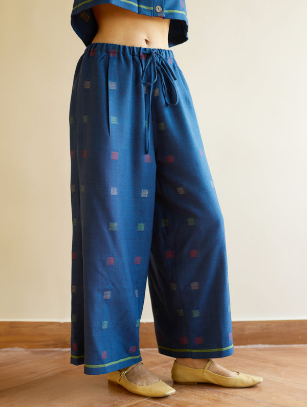 Zeba Jamdani Wool Pants - Navy