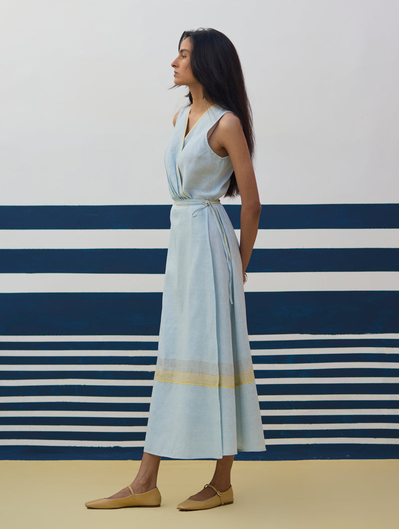 Ava Border Linen Wrap Dress
- Sky