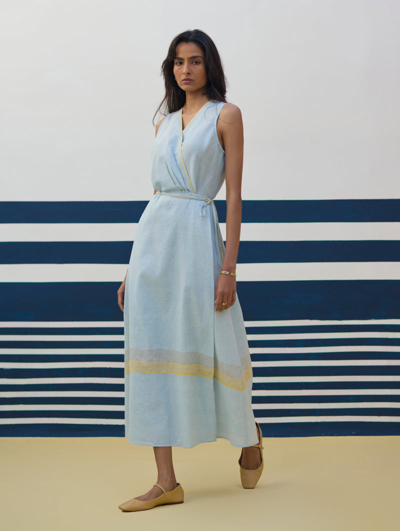 Ava Border Linen Wrap Dress
- Sky