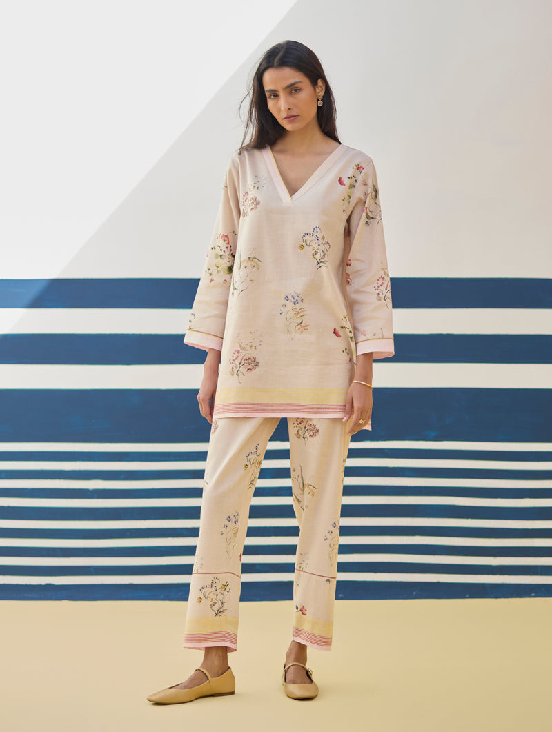 Raha Watercolour Floral Kurta Set - Sand