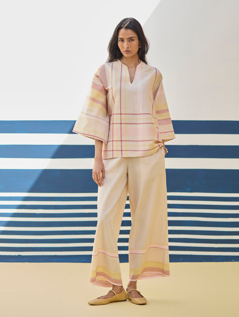 Kira Check Linen Top - Sand