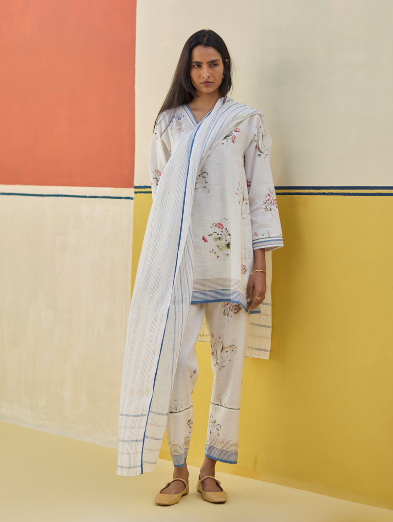 Mana Stripe Handloom Linen Dupatta - Ivory