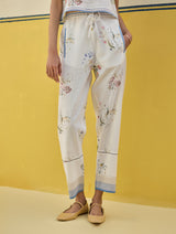 Ema Watercolour Floral Linen Pant - Ivory