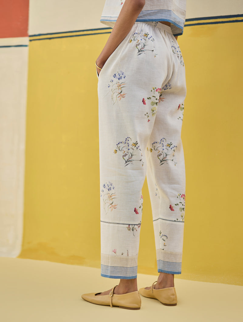 Ema Watercolour Floral Linen Pant - Ivory