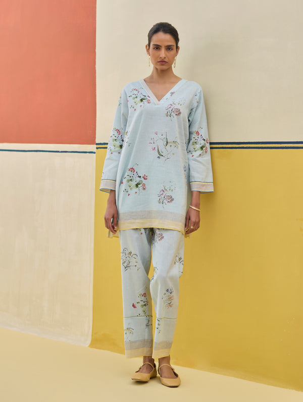 Raha Watercolour Floral Kurta Set - Sky