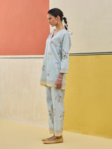 Ema Watercolour Floral Linen Pant - Sky