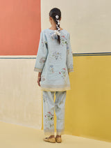 Raha Watercolour Floral Kurta Set - Sky