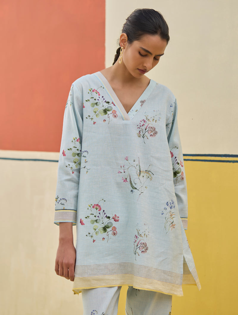 Raha Watercolour Floral Kurta - Sky