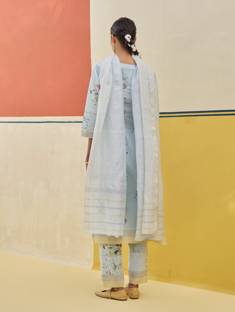 Kera Floral Embroidered Kurta Set
 - Sky