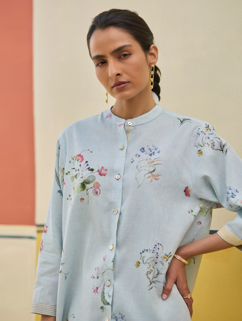 Vani Watercolour Floral Shirt - Sky