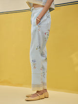 Ema Watercolour Floral Linen Pant - Sky