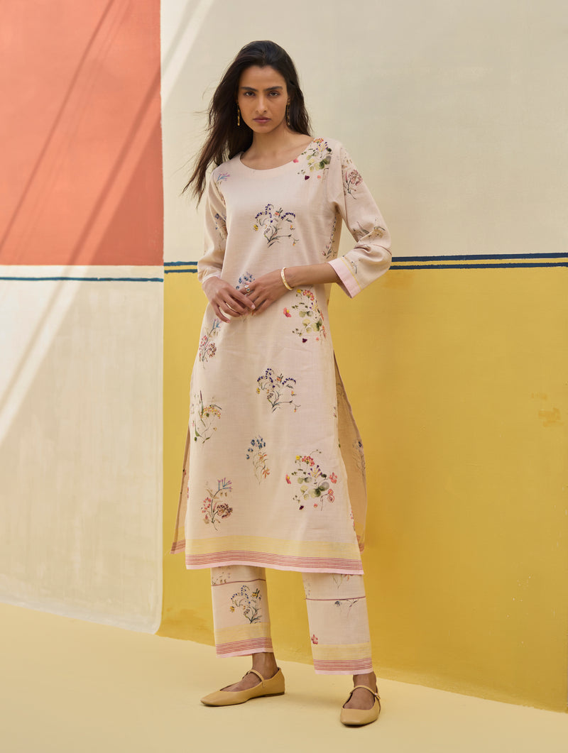 Kera Floral Hand-Embroidered Kurta - Sand