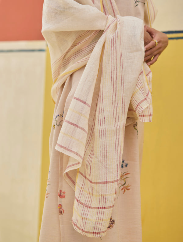 Mana Stripe Handloom Linen Dupatta - Sand