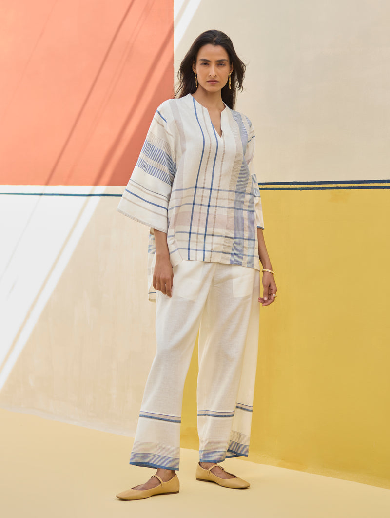 Kira Check Linen Top - Ivory