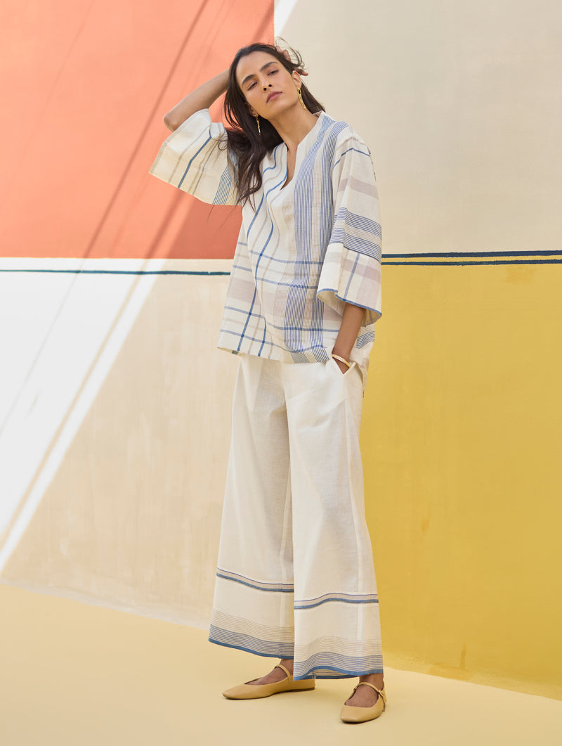 Kira Check Linen Top - Ivory