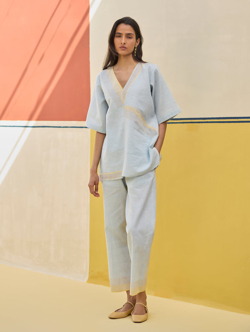 Moriko Border Linen Co-ord Set - Sky