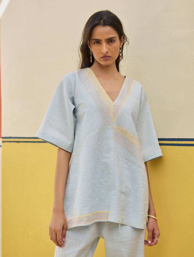 Moriko Border Linen Top - Sky