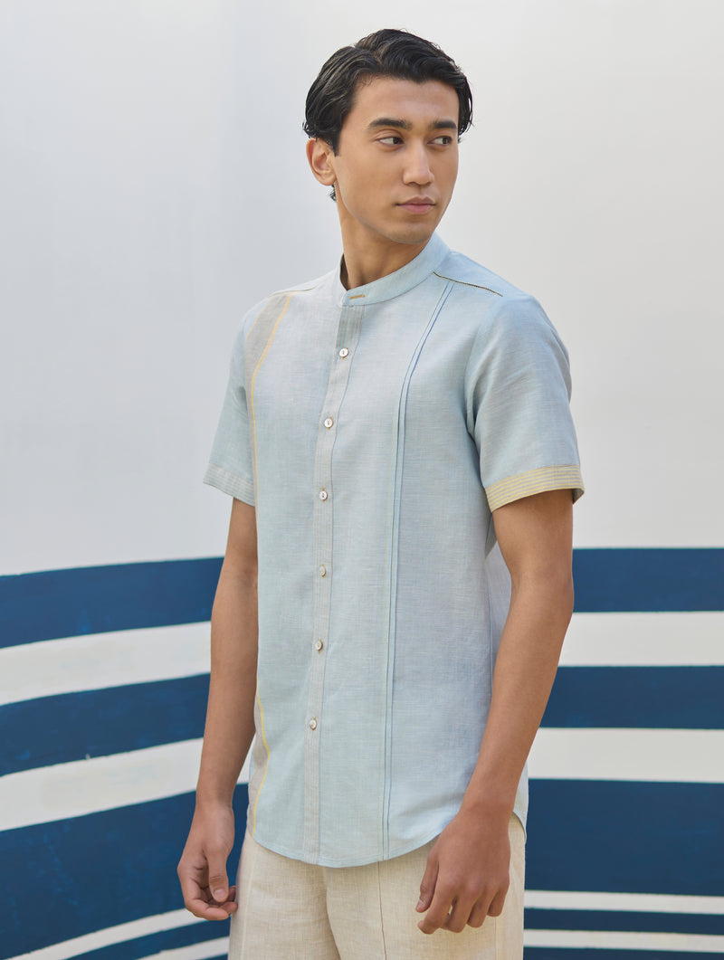 Niko Border Linen Shirt - Sky