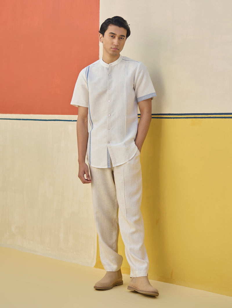 Niko Border Linen Shirt - Ivory