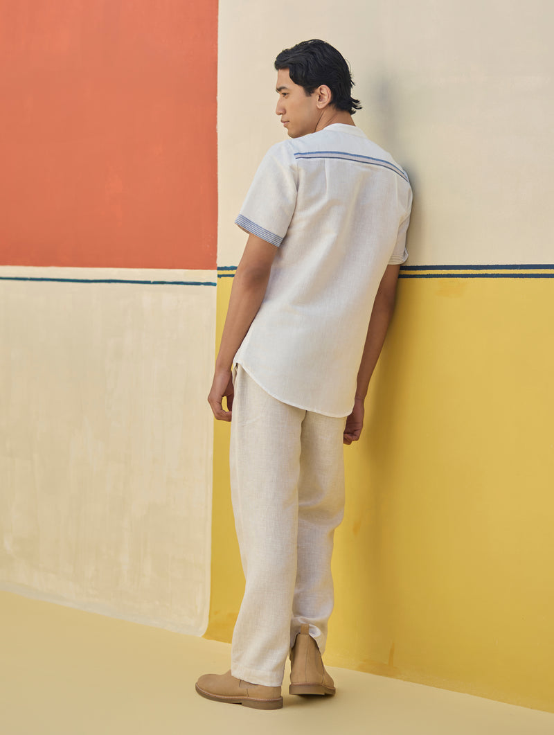 Niko Border Linen Shirt - Ivory