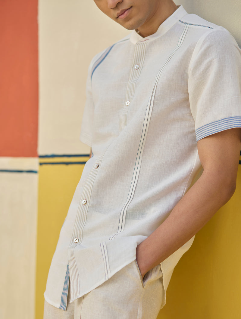 Niko Border Linen Shirt - Ivory