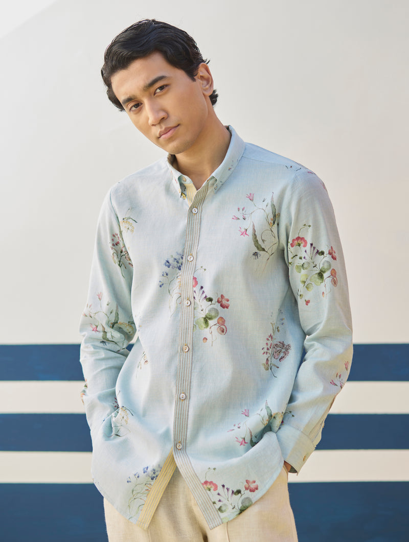 Ovi Watercolour Floral Shirt - Sky