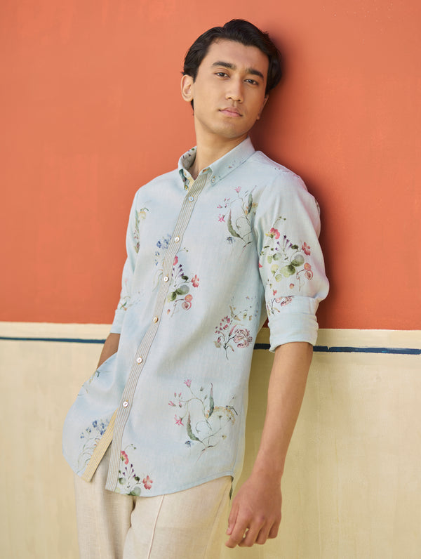 Ovi Watercolour Floral Shirt - Sky