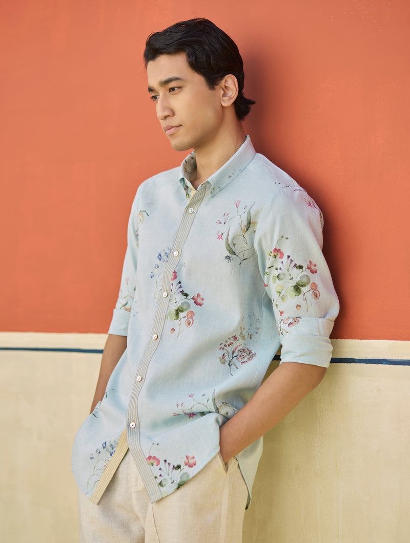 Ovi Watercolour Floral Shirt - Sky