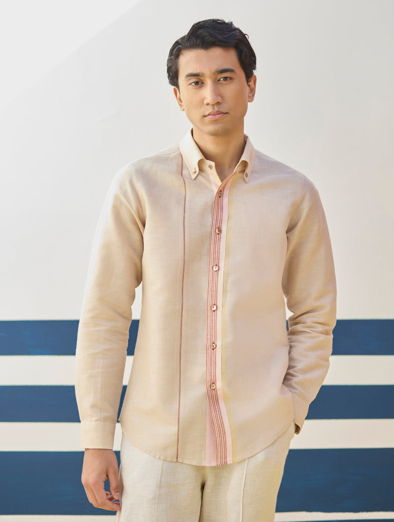 Rin Border Linen Shirt - Sand