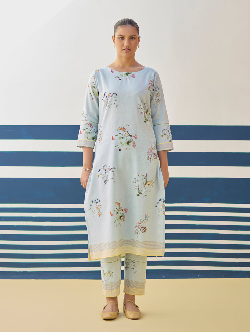 Kera Floral Hand-Embroidered Kurta - Sky