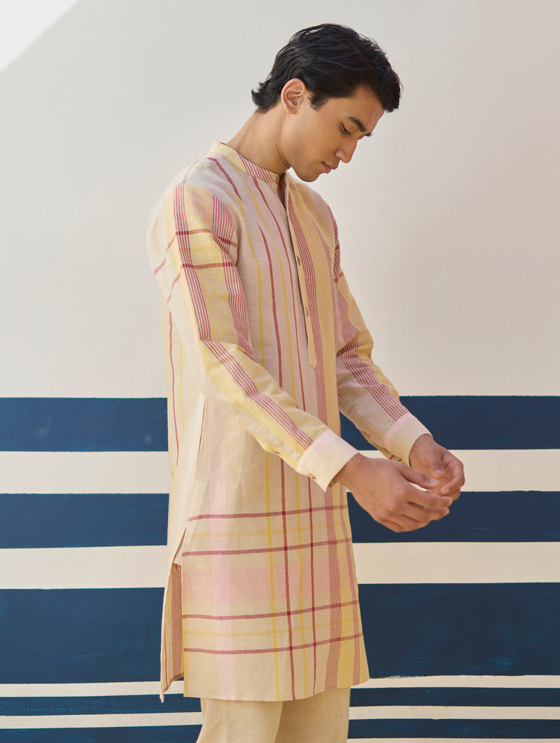 Dako Modern Check Linen Kurta - Sand