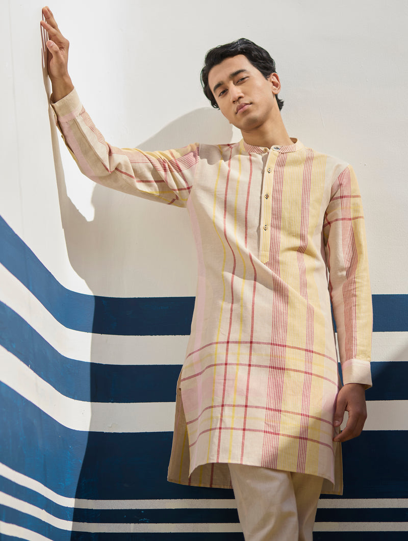 Dako Modern Check Linen Kurta - Sand