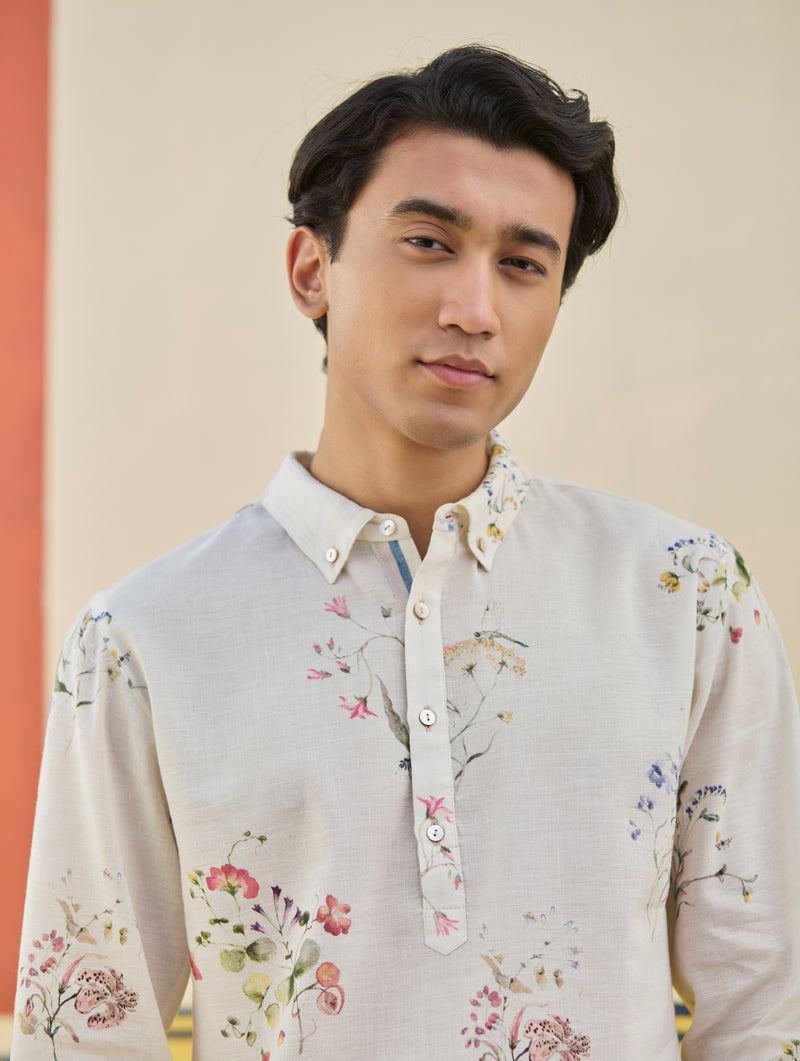 Ciro Watercolour Floral Kurta - Ivory