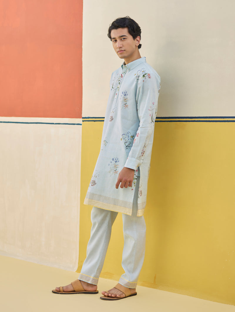 Ciro Watercolour Floral Kurta - Sky