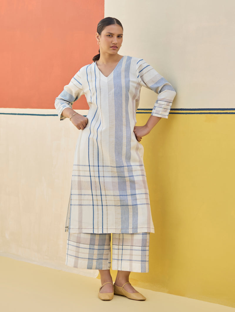 Misa Check Linen Kurta - Ivory