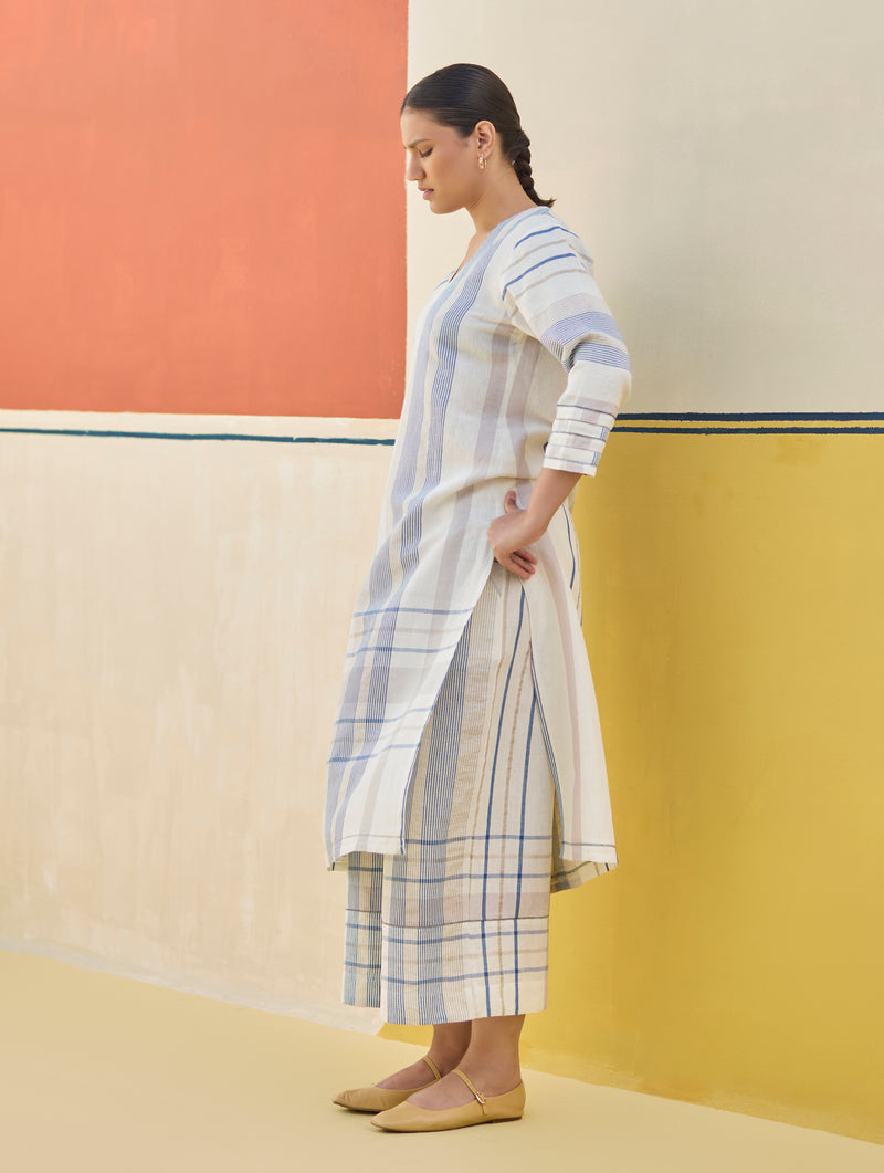 Misa Check Linen Kurta Set - Ivory