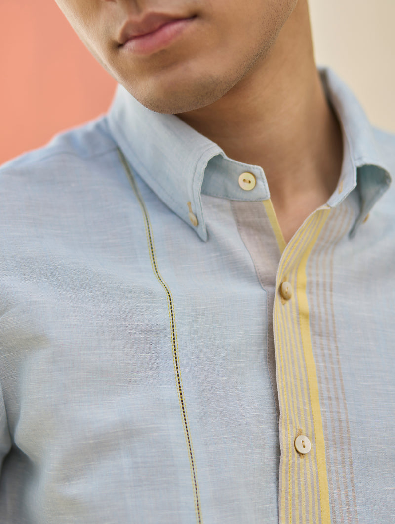 Rin Border Linen Shirt - Sky