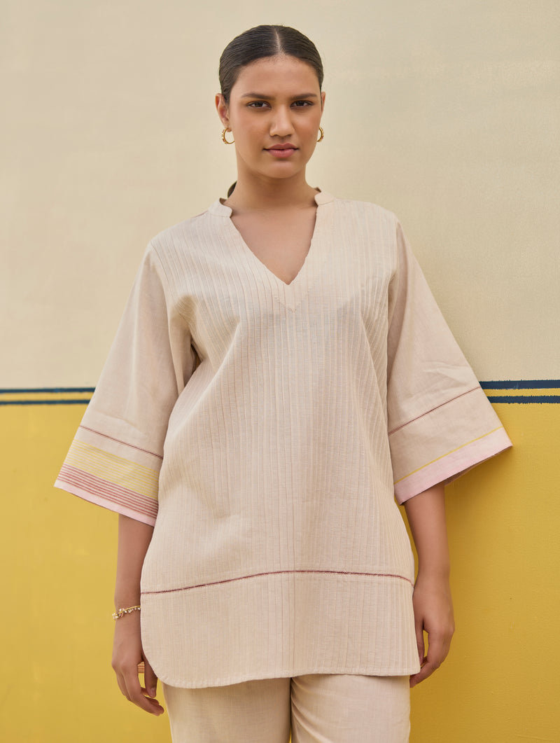 Neri Pintuck Border Linen Top - Sand