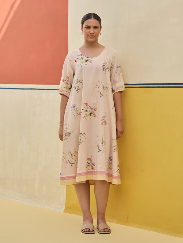 Kaya Floral Linen Dress With Overlay - Sand