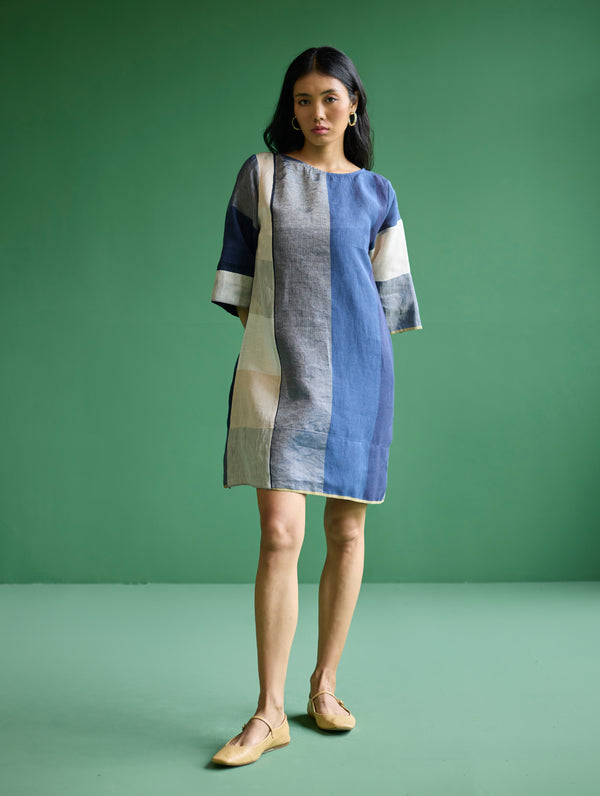 Lina Color-Blocked Linen Dress - Navy