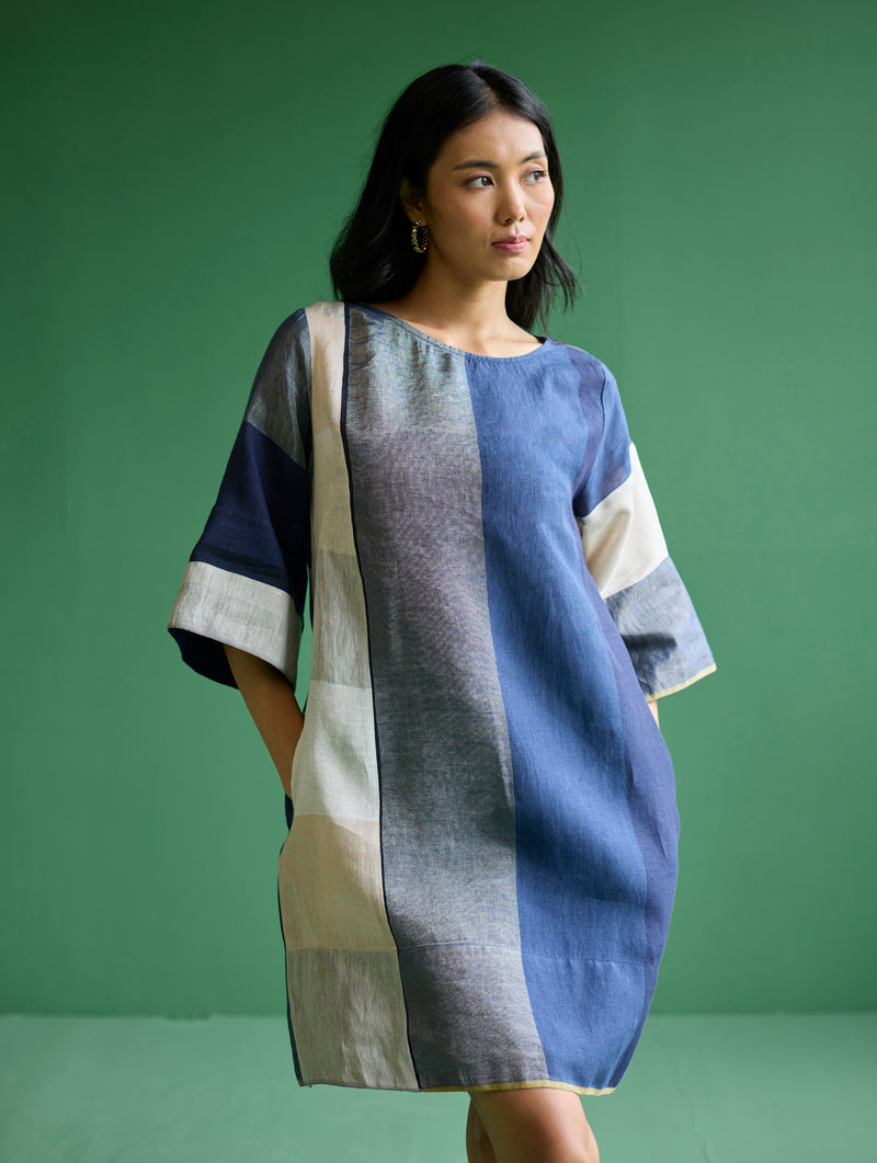 Lina Color-Blocked Linen Dress - Navy