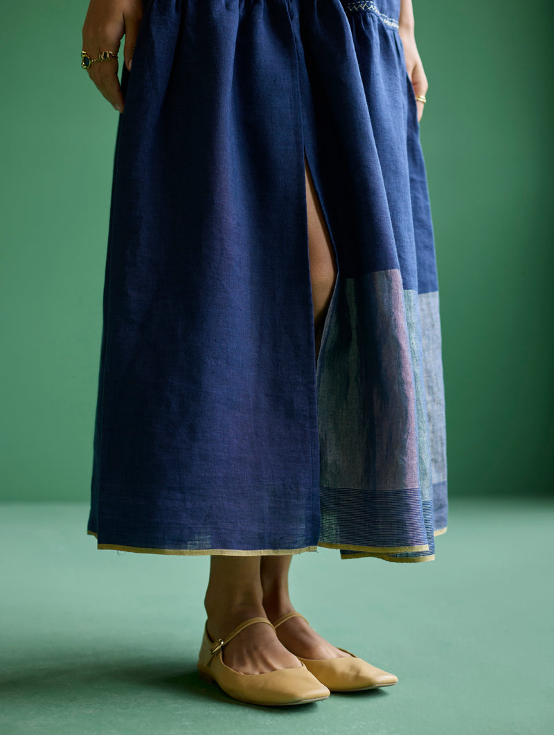 Aria Metallic Linen Dress - Navy