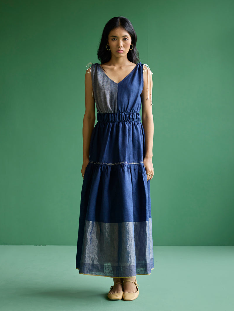 Aria Metallic Linen Dress - Navy