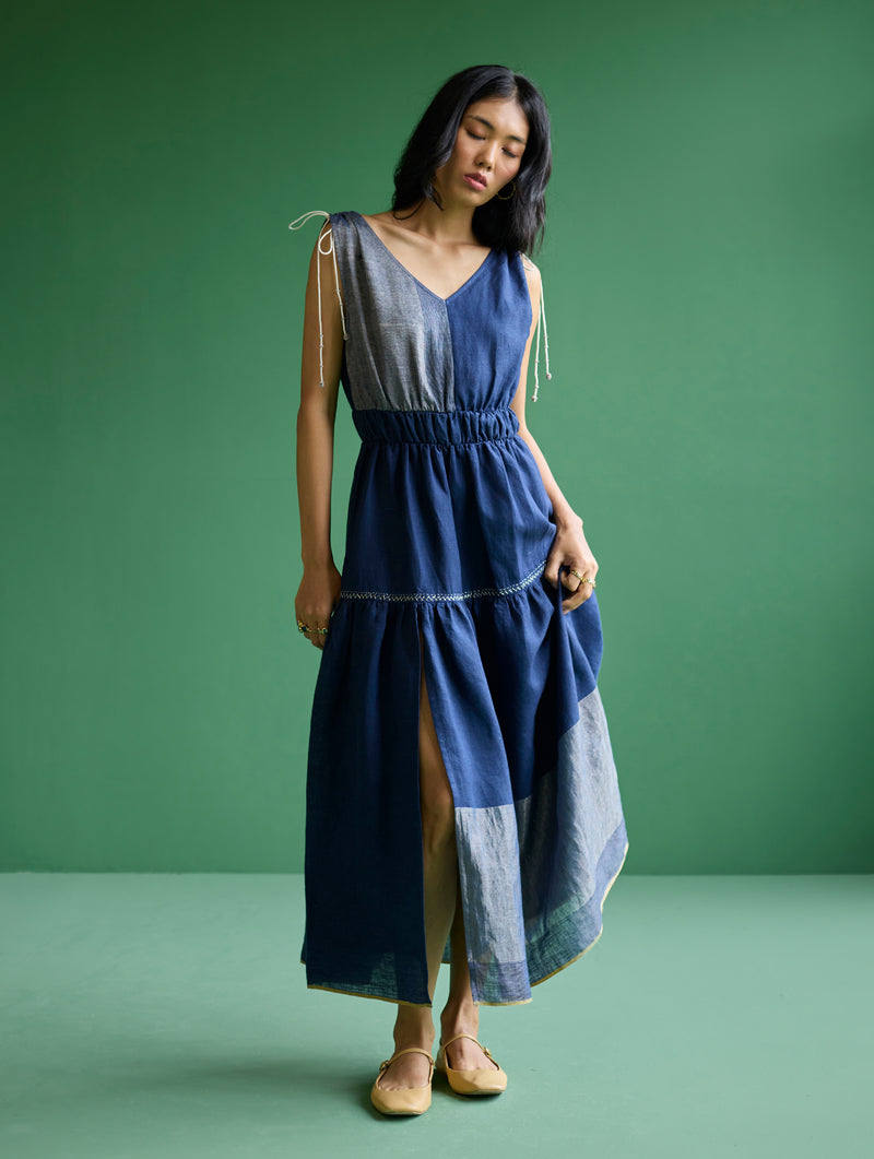 Aria Metallic Linen Dress - Navy