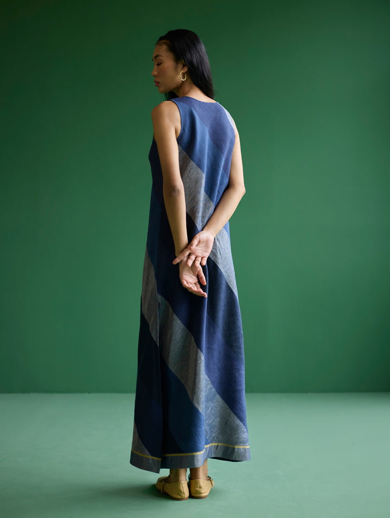 Akito Bias Linen Stripe Dress - Navy