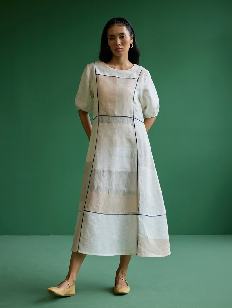 Sehr Metallic Linen Piping Dress - Ivory