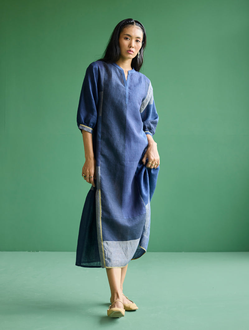 Nura Metallic Linen Paneled Dress - Navy