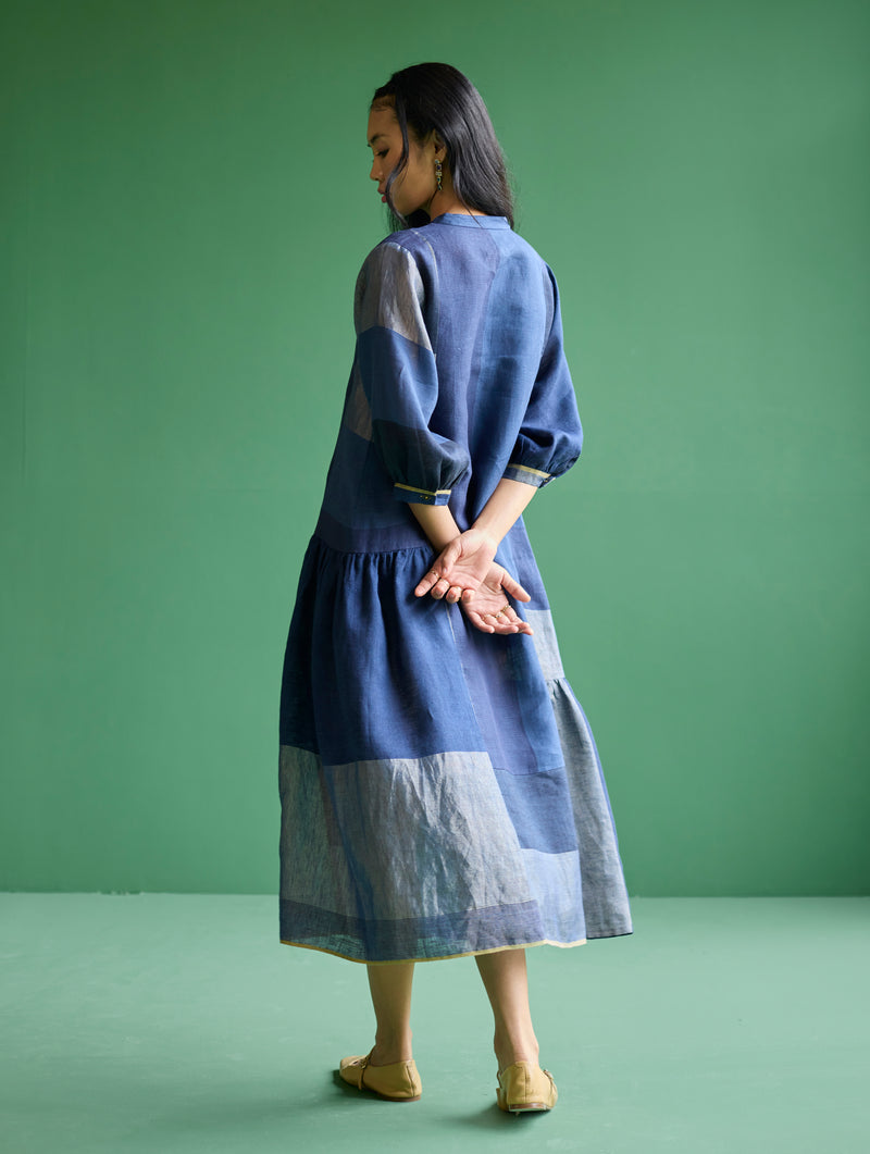 Nura Metallic Linen Paneled Dress - Navy